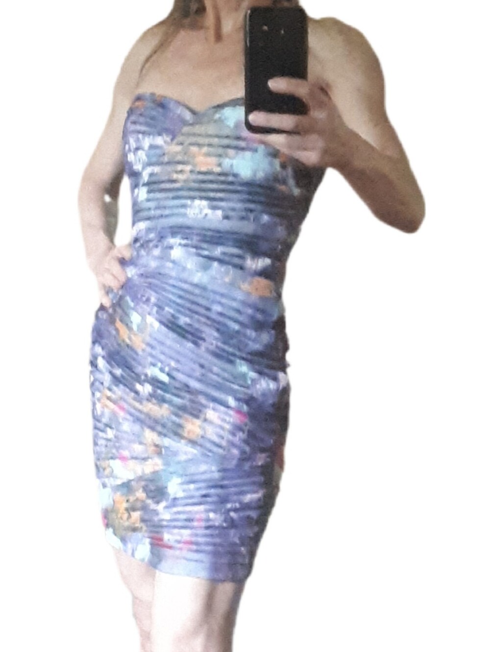 BCBGMaxAzria Strapless Purple Floral Ruched Cocktail Dress